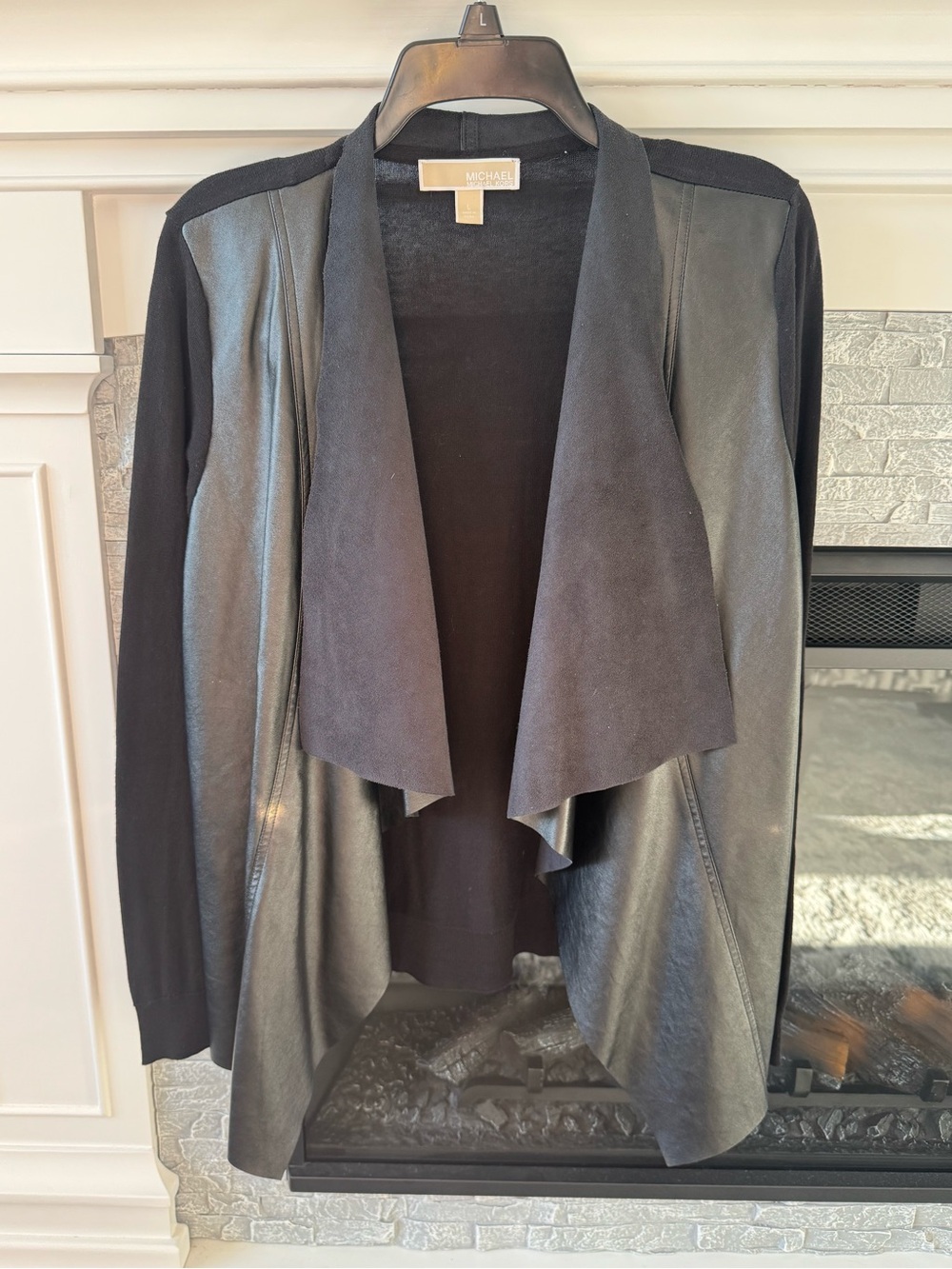 MICHAEL Michael Kors leather cardigan black draped open-front mixed-media